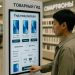 Photographic still of a shopper using a Товарный Гид buyer guide touchscreen kiosk in