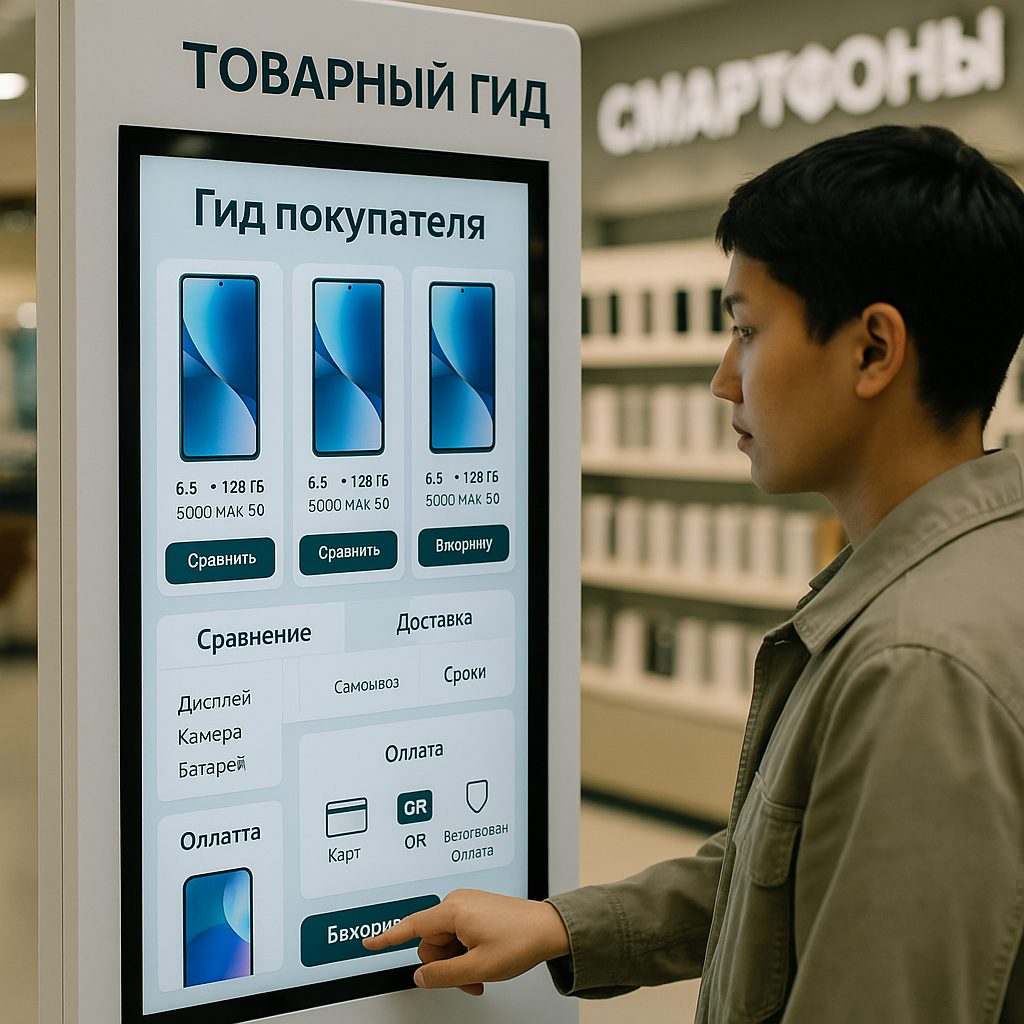 Photographic still of a shopper using a Товарный Гид buyer guide touchscreen kiosk in