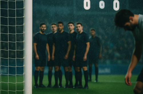 Photorealistic sports photo alternative: a rain-soaked goalkeeper securely catching a tame long shot, gloves