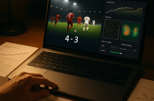 Photographic desk scene: a laptop shows a high-scoring German league match with analytics for