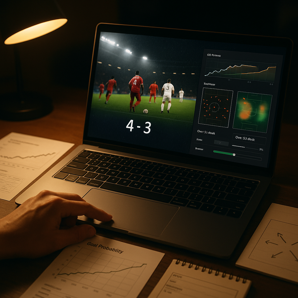 Photographic desk scene: a laptop shows a high-scoring German league match with analytics for