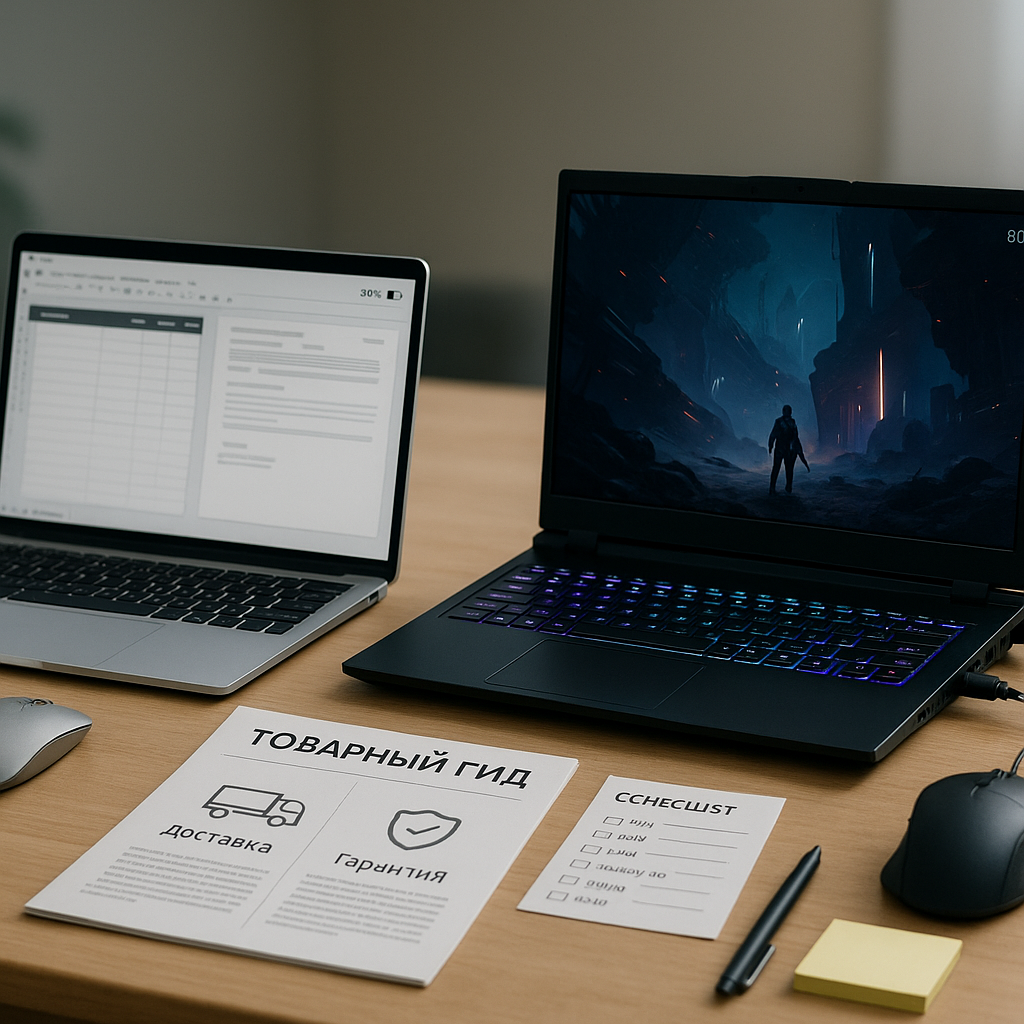 Photographic split-scene on one desk: left zone = slim grey work laptop on battery
